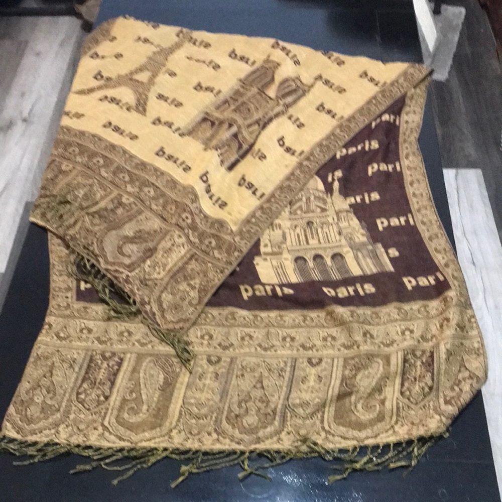 Paris Motif Lightweight Scarf Wrap - Beige & Brown